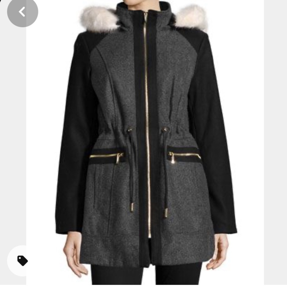 Laundry Wool Blend Coat w/ Fur Trim Hood Size Sm